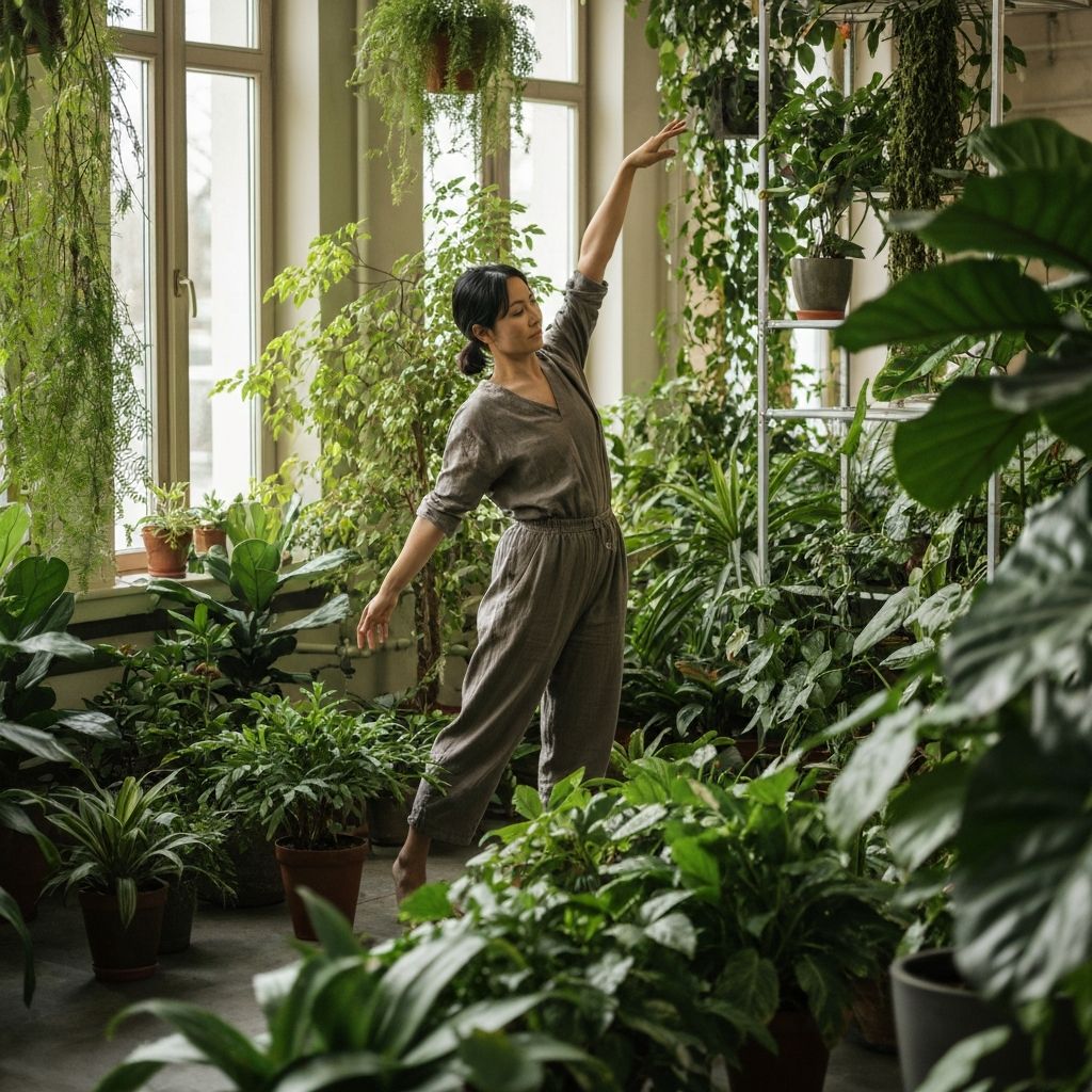 Person engaging in gentle stretching with plants